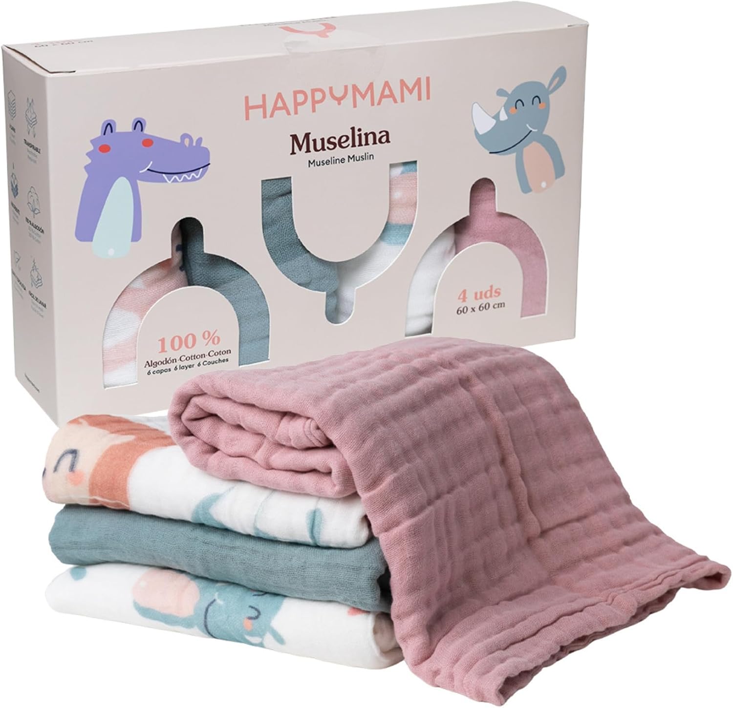 Pack 4 Muselinas - Turquesa, rosa 2 happy animals